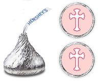 216 Pink Cross Kisses Stickers Labels - Cross for Baptism, Christening, Communion or Baby Shower, Kisses Labels Favors (Pink)