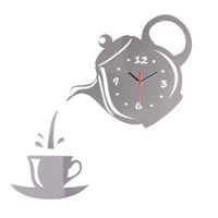 Teapot Clock Wall Coffee Cup Shape Watch Decoration (Without Battery) - Easy to Read for Kitchen, Living Room, Bathroom, Bedroom, Office (Silver)