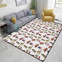 London Animals Area Rug Anti Slip Pad, Big Ben Tower Bridge Royal Guard Telephone Double Decker and UK Flag, Easy Maintenance Area Rug Living Room Bedroom Carpet(5'x 8') Violet Blue Red Sand Brown