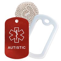 Autistic Medical Alert ID Necklace with Red Tag, White Silencer, and 30'' USA Chain - 154 Color Choices