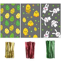 LOKIPA 150 Easter Bunny Cellophane Party Bags Treat Candy Bags with 300 Pieces Twist Ties for Kids Easter Parties and Treats