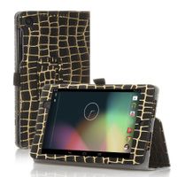 TNP Google Nexus 7 FHD 2nd Gen Case (Gold Stripe Black) - Slim Fit Synthetic Leather Folio Case Stand with Smart Cover Auto Sleep Wake Feature and Stylus Holder for Google Nexus 2 7.0 Inch 2013 Tablet