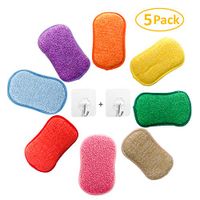 Microfiber Dual Action Kitchen Scrub Sponge, YOUYOUTE 5 Pack Washing Up Cleaner Heavy Duty Scouring Pads Household Cleaning Wash Cloth Reusable Non-Stick Non-Scratch with 2pcs Adhesive Hooks