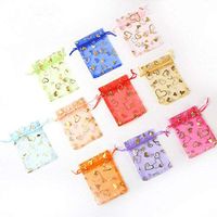 Tovip 100PCS 3.5x4.5'' (9x12cm) Organza Bags Jewelry Wedding Favors Party Pattern Printed Drawable Packaging Display & Gift Pouches (Mix Heart)