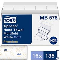 Tork Premium Soft Xpress Multifold Hand Towel H23, 3-Panel Hand Towel MB576, High Performance, Tear-Resistant, Absorbent 2-Ply, White - 16 x 135 Sheets