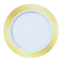 Royalty Settings Plastic Dinnerware Crystal Collection Diamond Rim Disposable Plastic Plates, White with Gold Trim, 9 inch, 40 pack