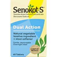 Senokot-S Dual Action 60 Tablets, Natural Vegetable Laxative Ingredient Plus Stool Softener Tablets, Gentle Dependable Overnight Relief of Occasional constipation