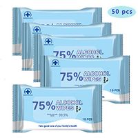 Hand Wipes 75% Alcohol Wet Wipes Suitable for All-Purpose Cleaning, Alcohol Detergent Wet Wipes 10pcs/Pack, 5 Pack (50 pcs)