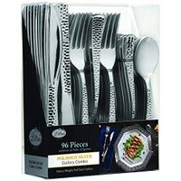 96 Pieces Silver Plastic Cutlery Silverware Extra Heavyweight Disposable Flatware, Full Size Cutlery Combo, Silver, 32 Forks, 32 Knifes, 32 Spoons