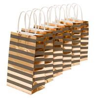 Small Size Gift Bags With Handles Grey Kraft Paper with Metallic Gold Foil Striped Hot Stamp Gray Bag For Christmas Holiday, Birthday Party, Wedding, Baby and Bridal Shower Bulk Pack (Set of 14)
