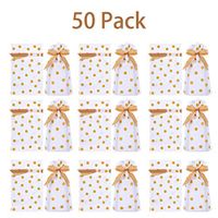 DINGJIN 50 Pack Gold Polka Dot Drawstring Candy Bags Plastic Favor Bag Drawstring Cookie Bags Christmas Wedding Party Birthday Engagement Christmas Holiday Favor