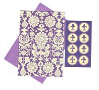 Floral Themed Set of 8 Blank Notecards ~ Flower Damask Scroll on Violet (3.75" x 5.25"; Violet Envelopes with 8 Damask Seals)