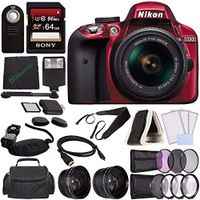 Nikon D3300 DSLR Camera with 18-55mm AF-P DX Lens (Red) + 64GB SDXC Card + Remote + Flash + Cleaning Cloth Bundle 2