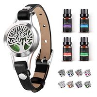 Aromatherapy Essential Oil Diffuser Bracelet - Birthday + Mother's Day Gift Stainless Steel Locket Black Leather Band Jewelry (Lavender, Peppermint, Eucalyptus, Bergamot) ，Gift for Girls/Women
