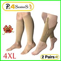 Presadee Seniors 20-30 mmHg Compression Grade Shin Sleeve & with Zipper Reduce Leg Calf Swelling Fatigue Circulation Support 2 Pairs (Beige, 4XL)