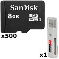 500 Pack - SanDisk 8GB MicroSD HC Memory Card SDSDQAB-008G (Bulk Packaging) LOT of 500 with MemoryMarket USB 2.0 MicoSD & SD Dual Slot Memory Card Reader