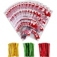 Boao 100 Pieces Christmas Cellophane Bags Santa Claus Treat Bags Christmas Clear Goodies Bags with 150 Pieces Twist Ties for Christmas Party Supplies
