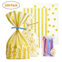 UUSHER Treat Bags with Ties, Gold Candy Favor Bags with 100 4 Inches Twist Ties Pretty Wrappings for Shower Birthday Wedding Gift Giving (Gold Striped and Polka Dot)