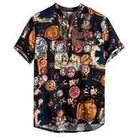 Xia&Han Mens Cotton Linen Short Sleeve Casual Printed Shirts Slim Fit Hawaiian Blouse Turndown Collar Tops Navy