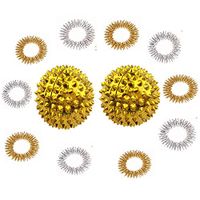Winterworm 1 Pair Gold Metal Magnetic Hand Palm Acupuncture Ball Needle Massage Handball and 10 Gold Silver Finger Massage Rings Good for Health Blood Circulation Relief Pressure