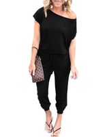 PRETTYGARDEN Women Casual Short Sleeve One Shoulder Solid Waisted Long Jumpsuit Romper Black