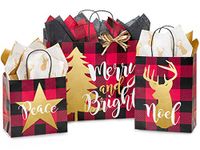 Stephanie Imports Made in USA Set of 6 Buffalo Plaid Christmas Paper Shopping Bags (3 Sizes) with Tissue Paper - 100% Recyclable