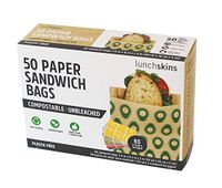 Lunchskins Compostable + Unbleached + Non-Wax Paper Sandwich Bags with 60 Fun Stickers Included - 50ct Box Green Avocado