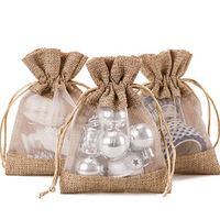 WRAPAHOLIC 4x5.5 inch 10 pcs Burlap Drawstring Gift Bag - Burlap with One Side Organza Wedding Party Welcome Favor Bags - Tan