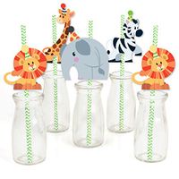 Jungle Party Animals - Paper Straw Decor - Safari Zoo Animal Birthday Party or Baby Shower Striped Decorative Straws - Set of 24