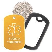 Blood Thinner Medical Alert ID Necklace with Gold Tag, Black Silencer, and 30'' USA Chain - 154 Color Choices