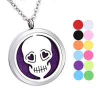 tornado Skull Head Aromatherapy Essential Oil Diffuser Necklace Stainless Steel Round Locket Pendant 24" Chain,12 Refill Pads