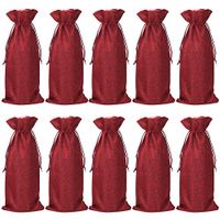 HRX Package Pack of 10 Burlap Wine Bags with Drawstring for Christmas, 14 x 6 1/4 inches (Red)
