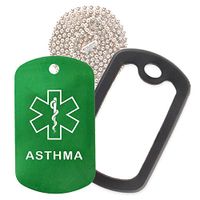 Asthma Medical Alert ID Necklace with Green Tag, Black Silencer, and 30'' USA Chain - 154 Color Choices