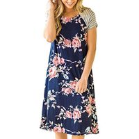 GBSELL Women Floral Print Short Sleeve A-line Loose Casual Dress (XL, Blue)