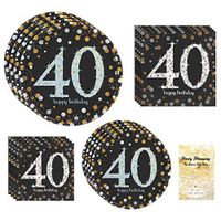 40th Birthday Party Supplies, Black and Gold Disposable Paper Dinnerware Set for Men or Women, Plates and Napkins, 16 Guests, 65 Pieces