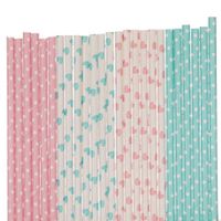 Gender Reveal Paper Straws Mix - Pink and Light Blue - Hearts and Polka Dots (100)