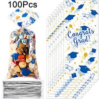 100 Pieces Graduation Cellophane Treat Bags, Blue Gold Congrats Graduates Candy Gift Bags Plastic Clear Goodie Wrapping Bags with 100 Silver Twist Ties for Graduation Day Grad Party Supplies