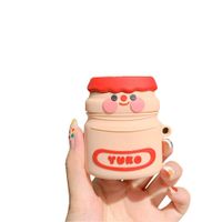 ICI-Rencontrer Creative 3D Pink Cheek Smile Face Yogurt Bottle Design Airpods Case Cute Airpods Accessories Soft Silicone Protective Bluetooth Wireless Earphone Charging Case Red Cap