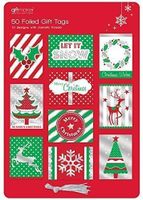 The Home Fusion Company 50 X Christmas Xmas Foiled Gift Tags Modern Red Green Silver Card Designs