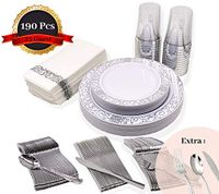 HomyBasic 190 Pcs Disposable Silver Dinnerware & Silverware Set - 25 Dinner & Dessert Plastic Plates, Cups & Paper Napkins. 30 Sets for Forks, Spoons, Knives for Wedding Parties, Birthday Party