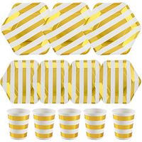 ALINK 150PCS White Gold Metallic Striped Paper Plates and Cups Set, 50 Dinner Plates, 50 Salad/Dessert Plates, 50 9 oz Cups for Thanksgiving, Christmas, Baby/Bridal Shower, Wedding, Birthday, Holid
