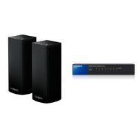 Linksys WHW0302B Velop Tri-band Whole Home WiFi Intelligent Mesh System, 2-Pack Black + Linksys 8-Port Metallic Gigabit Switch (SE3008) Bundle