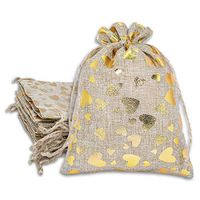 12pk 4x6 Jute Burlap Linen Canvas Gift Bags with Drawstring for Presents, Party Favors, Samples (Golden Hearts, Small) by TheDisplayGuys