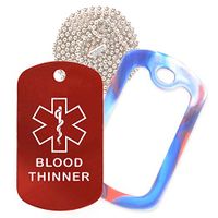 Blood Thinner Medical Alert ID Necklace with Red Tag, Red/White/Blue Silencer, and 30'' USA Chain - 154 Color Choices