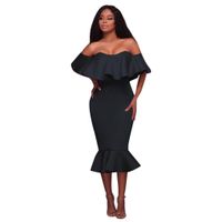 Minisoya Women Bodycon Off Shoulder Ruffle Skirt Evening Party Cocktail Flared Mermaid Pencil Dress (Black, L)