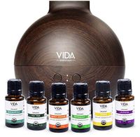 Vida Essentials Essential Oils and Diffuser Gift Set - USDA Organic, 100% Pure, Therapeutic Grade - Lavender, Tea Tree, Eucalyptus, Lemon, Sweet Orange, Peppermint (Dark Wood)