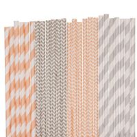 Peach and Grey Paper Straws Mix - Chevron and Stripe (100)
