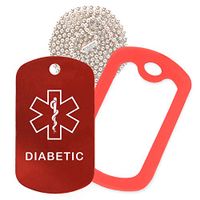Diabetic Medical Alert ID Necklace with Red Tag, Red Silencer, and 30'' USA Chain - 154 Color Choices