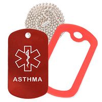 Asthma Medical Alert ID Necklace with Red Tag, Red Silencer, and 30'' USA Chain - 154 Color Choices