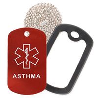 Asthma Medical Alert ID Necklace with Red Tag, Black Silencer, and 30'' USA Chain - 154 Color Choices